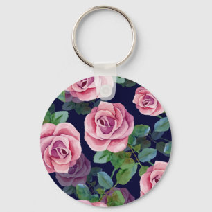 Dark Blue, Pink Roses Watercolor. Key Ring