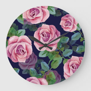 Dark Blue, Pink Roses Watercolor. Large Clock