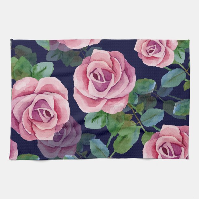Dark Blue, Pink Roses Watercolor. Tea Towel (Horizontal)