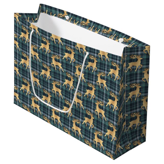 Dark Blue Plaid with Faux Gold Reindeer Holiday Large Gift Bag (Front Angled)