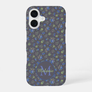 Dark Blue Pretty Floral Pattern Personalised iPhone 16 Case