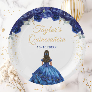 Dark Blue Princess Floral Quinceañera Paper Plate