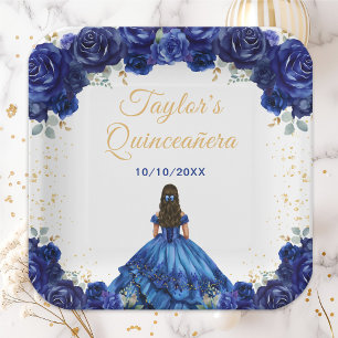 Dark Blue Princess Floral Quinceañera Paper Plate