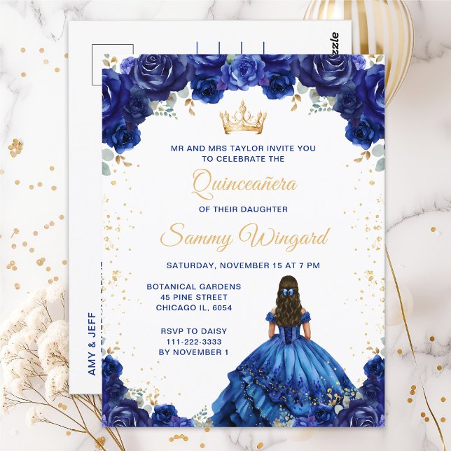 Dark Blue Princess Floral Quinceañera Postcard (Creator Uploaded)
