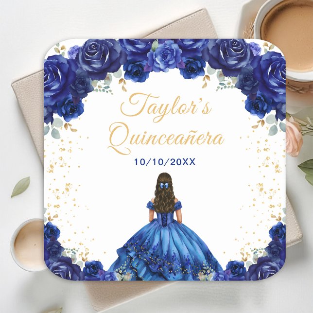Dark Blue Princess Floral Quinceañera Square Paper Coaster (Creator Uploaded)