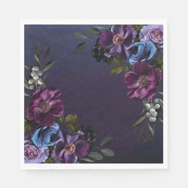 Dark Blue & Purple Floral Moody Bridal Brunch Napkin (Front)