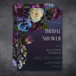 Dark Blue & Purple Floral Moody Bridal Shower Invitation
