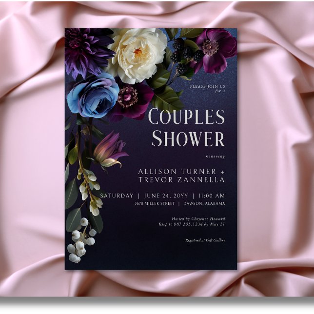 Dark Blue & Purple Floral Moody Couples Shower Invitation (Dark Blue & Purple Floral Moody Couples Shower Invitation)