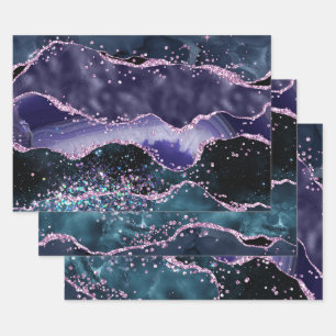 Dark Blue & Purple & Pink Faux Glitter Agate Wrapping Paper Sheet