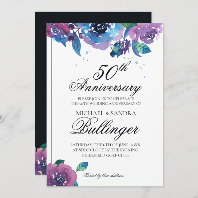 Dark Blue Purple Twilight Floral Anniversary Invitation (Front/Back)