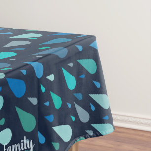 Dark blue raindrops with custom name tablecloth