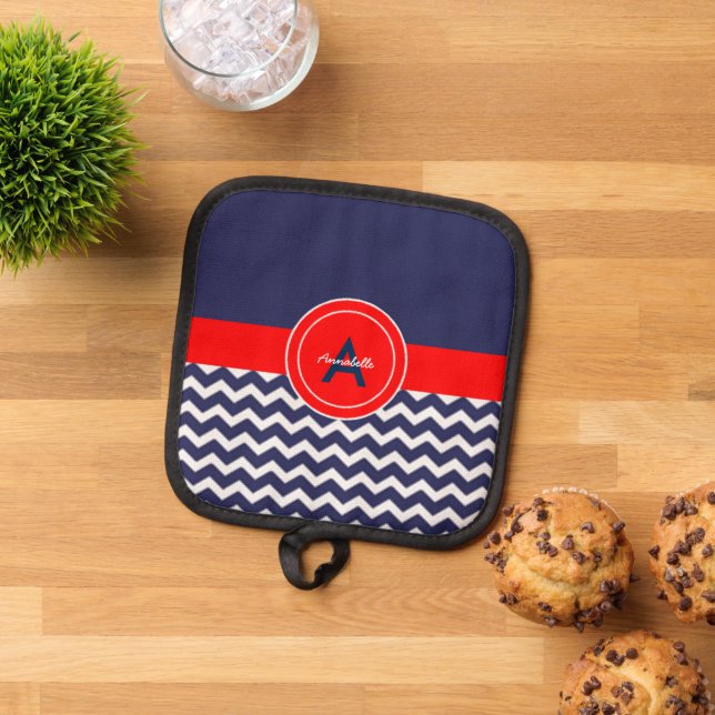 Dark Blue Red Chevron Pot Holder (Top Down)
