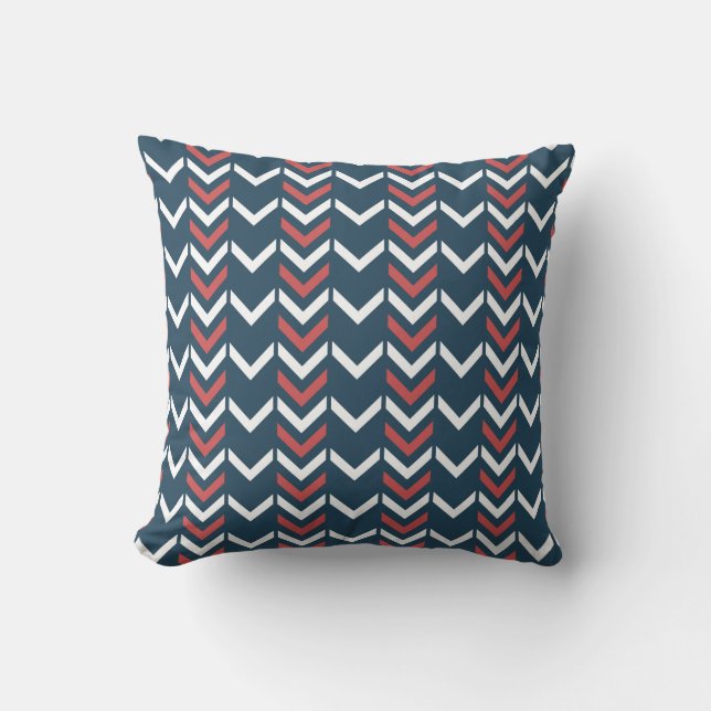 Dark Blue & Red Geometric Chevron Pattern Cushion (Front)