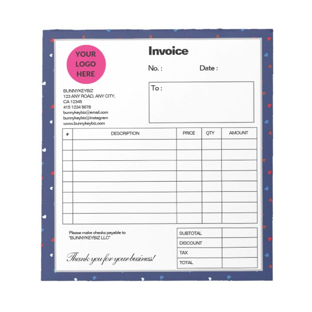 Dark Blue Red Heart Company Business Shop Invoice Notepad (Front)