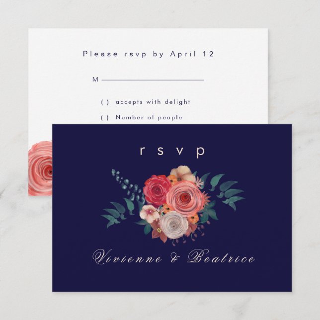 Dark blue red rose floral rsvp card (Front/Back)
