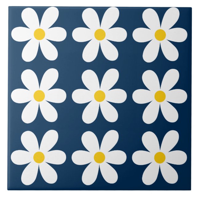 Dark Blue Retro Daisy Floral Pattern Tile (Front)