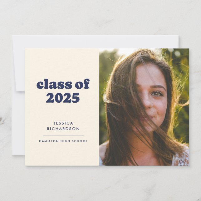 Dark Blue Retro Simplicity Photo Graduation  Announcement (Front)