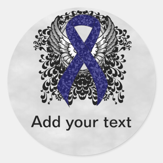 Dark Blue Ribbon with Wings Classic Round Sticker (Front)