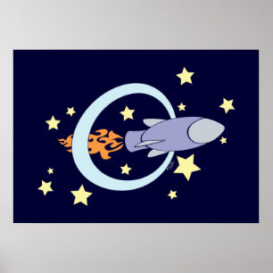 Dark Blue Rocket Kids Retro Space Poster