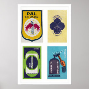 Dark Blue Romanian Matchbox Labels Grid Print