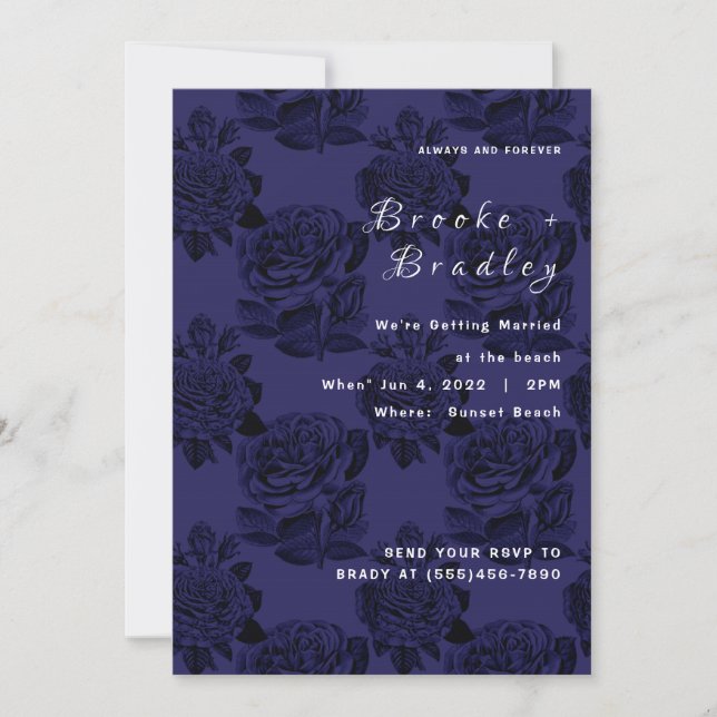 Dark Blue Rose Floral Wedding Invitation (Front)