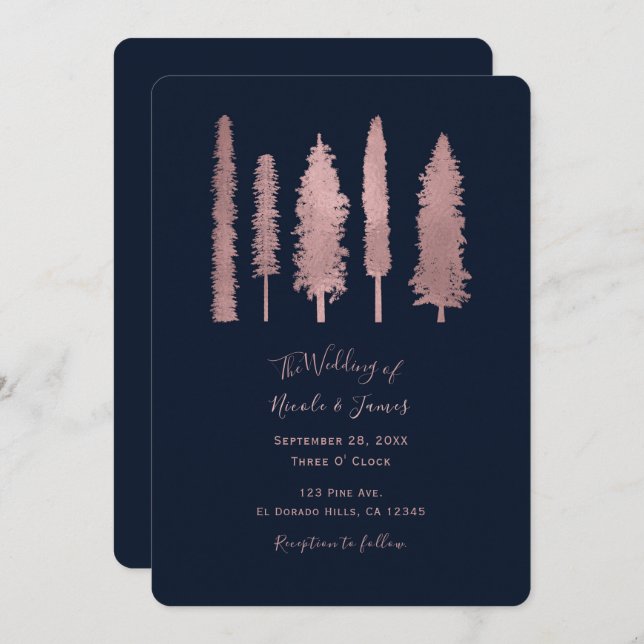 Dark Blue & Rose Gold Forest Woodsy Trees Wedding Invitation (Front/Back)