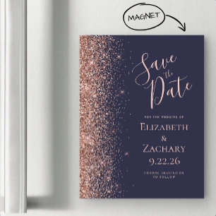 Dark Blue Rose Gold Glitter Magnetic Save the Date