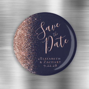 Dark Blue Rose Gold Glitter Script Save the Date Magnet