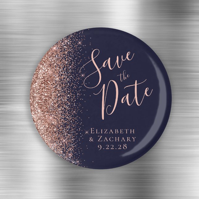 Dark Blue Rose Gold Glitter Script Save the Date Magnet (Creator Uploaded)