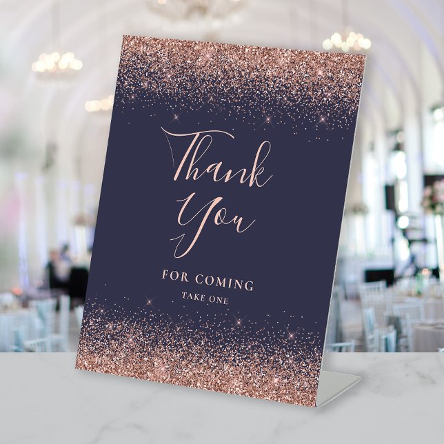 Dark Blue Rose Gold Glitter Wedding Thank You Pedestal Sign (Creator Uploaded)