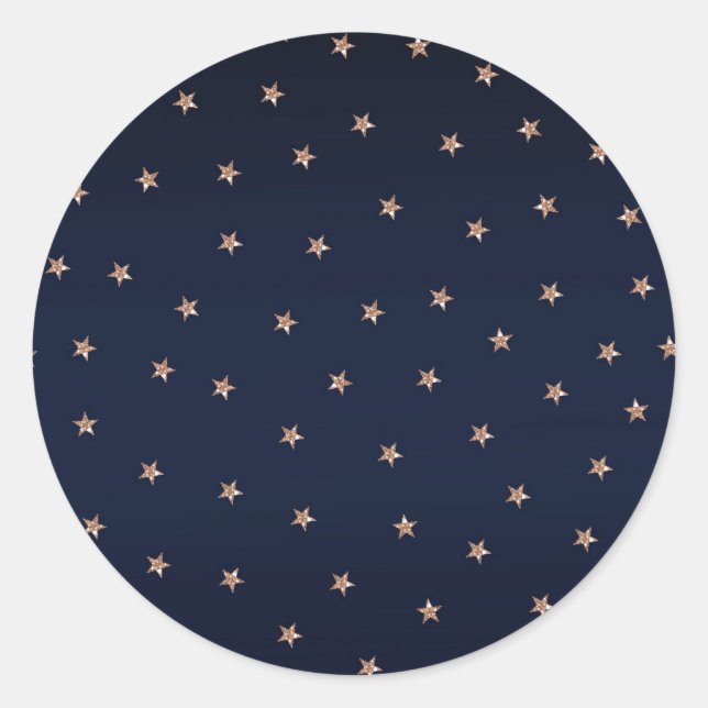 Dark Blue & Rose Gold Pink Glittery Stars Starry Classic Round Sticker (Front)