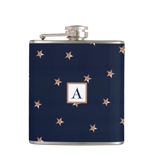 Dark Blue & Rose Gold Pink Glittery Stars Starry Hip Flask (Front)