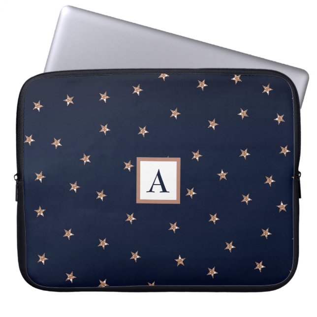 Dark Blue & Rose Gold Pink Glittery Stars Starry Laptop Sleeve (Front)