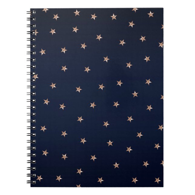 Dark Blue & Rose Gold Pink Glittery Stars Starry Notebook (Front)