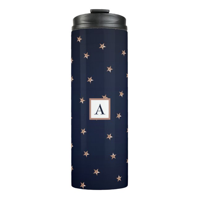 Dark Blue & Rose Gold Pink Glittery Stars Starry Thermal Tumbler (Front)