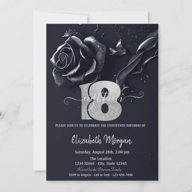Dark Blue Rose Gothic 18th Birthday  Invitation (Front)