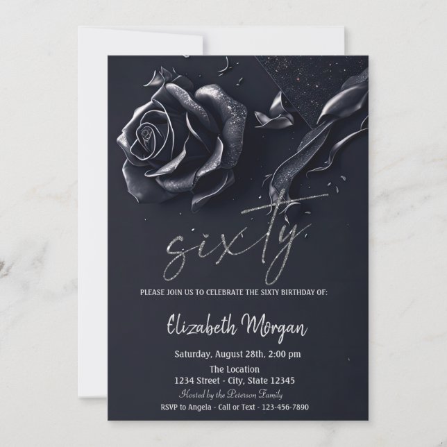 Dark Blue Rose Gothic 60th Birthday  Invitation (Front)