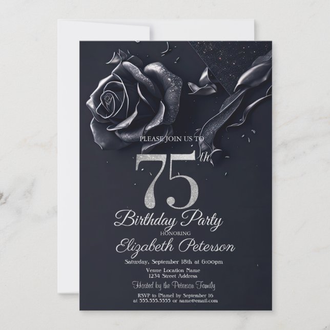 Dark Blue Rose Gothic 75th Birthday   Invitation (Front)