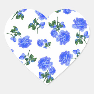 Dark Blue Roses floral pattern on White Heart Sticker