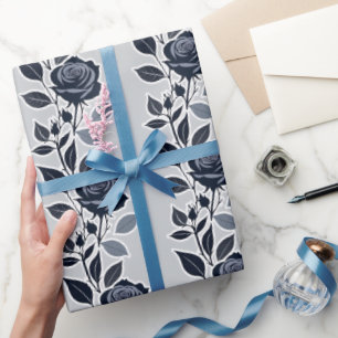 Dark Blue Roses With Silvery Leaves  Wrapping Paper
