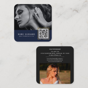 Dark blue scannable barcode QR code photo  Square Business Card