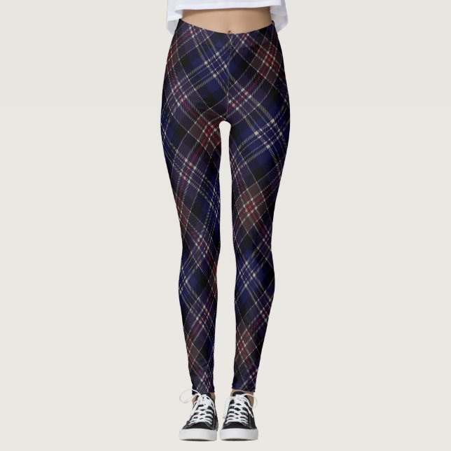 Dark Blue Scottish Tartan Plaid Argyle Leggings (Front)