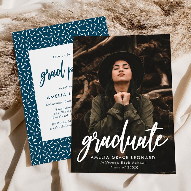 Dark Blue | Scripted Photo Graduation Party Invitation (Creator Uploaded)