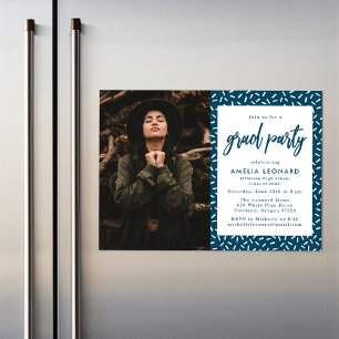 Dark Blue   Scripted Photo Graduation Party Magnetic Invitation