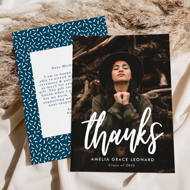 Dark Blue | Scripted Photo Graduation Thank You Card (Creator Uploaded)