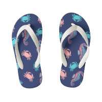 Dark Blue Seahorse and Crab Kids Flip Flops