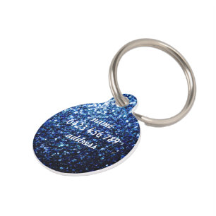 Dark Blue shiny faux glitter sparkles Personalise Pet Tag