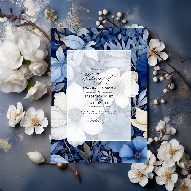 Dark Blue, Silver and White Floral Wedding Invitation (Creator Uploaded)