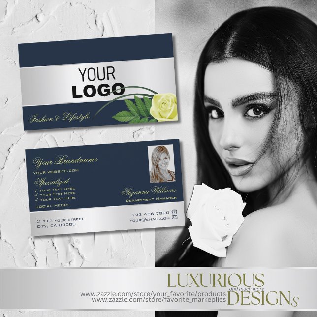 Dark Blue Silver Decor Rose Flower Logo and Photo Business Card (Creator Uploaded)