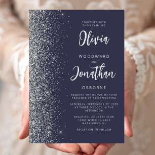 Dark Blue Silver Glitter Calligraphy Wedding Invitation